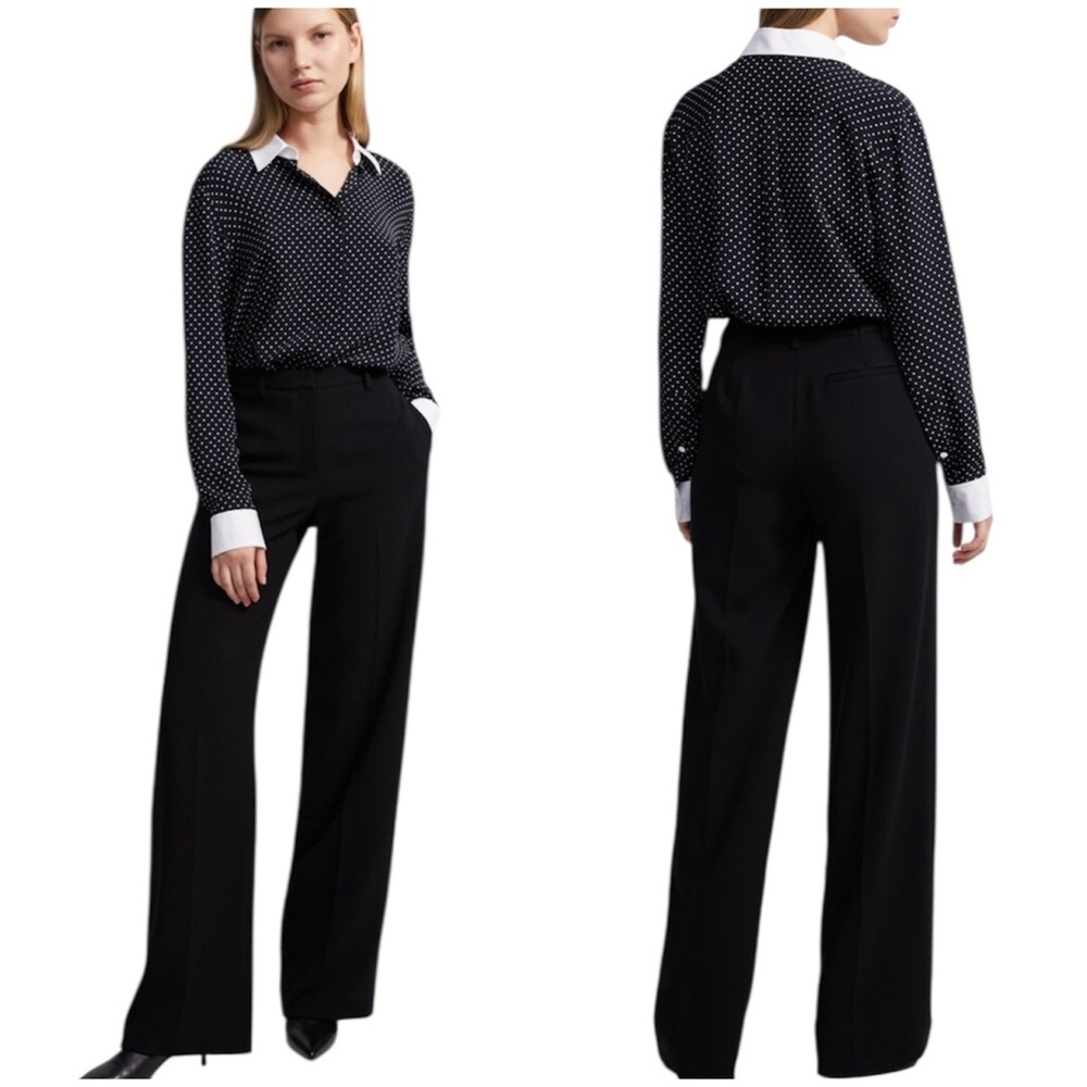 Theory Black White Contrast Straight Shirt in Polka Dot Crepe P